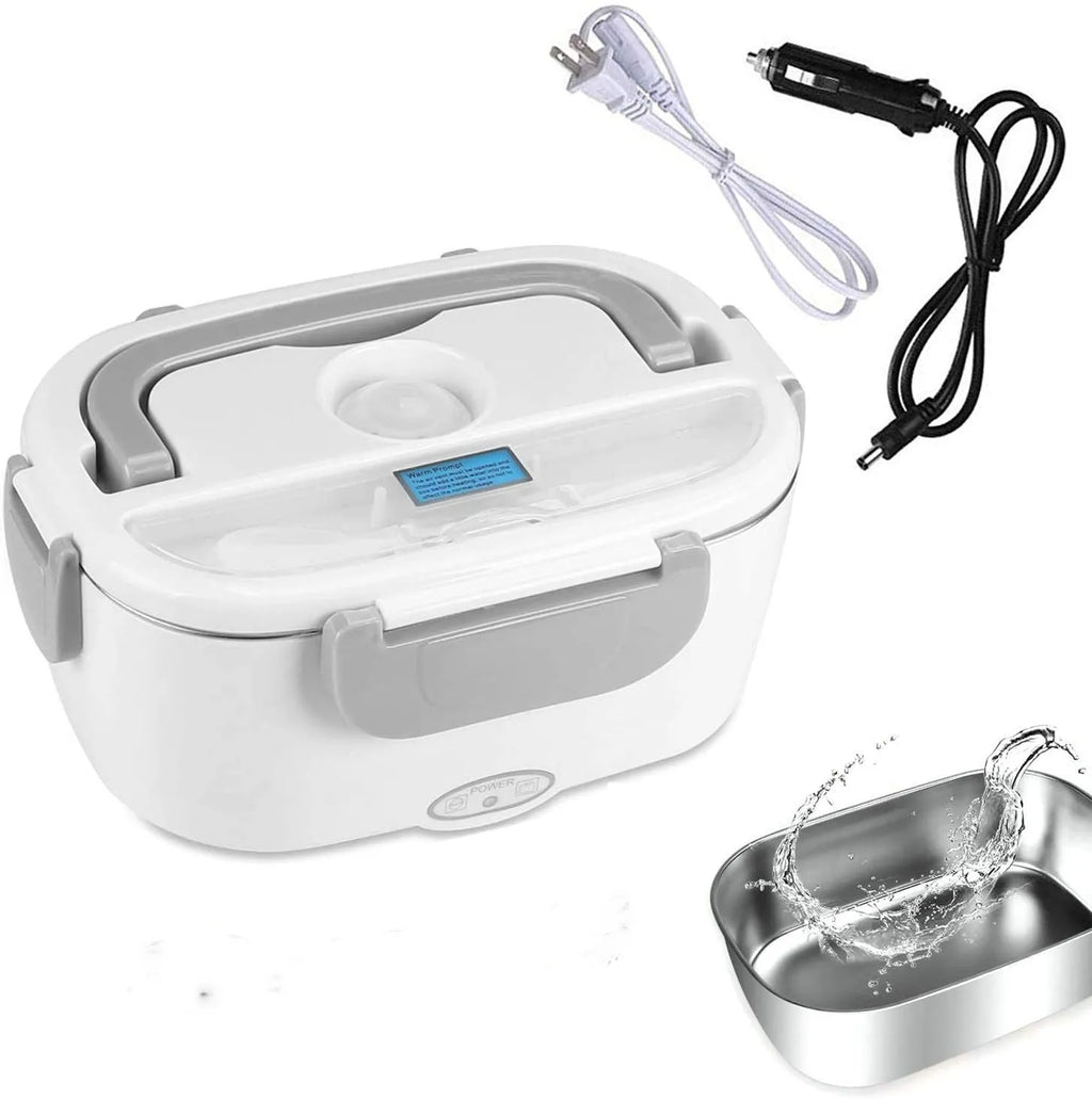 Grey electric lunch box showing dual car and home power cords with stainless steel inner tank