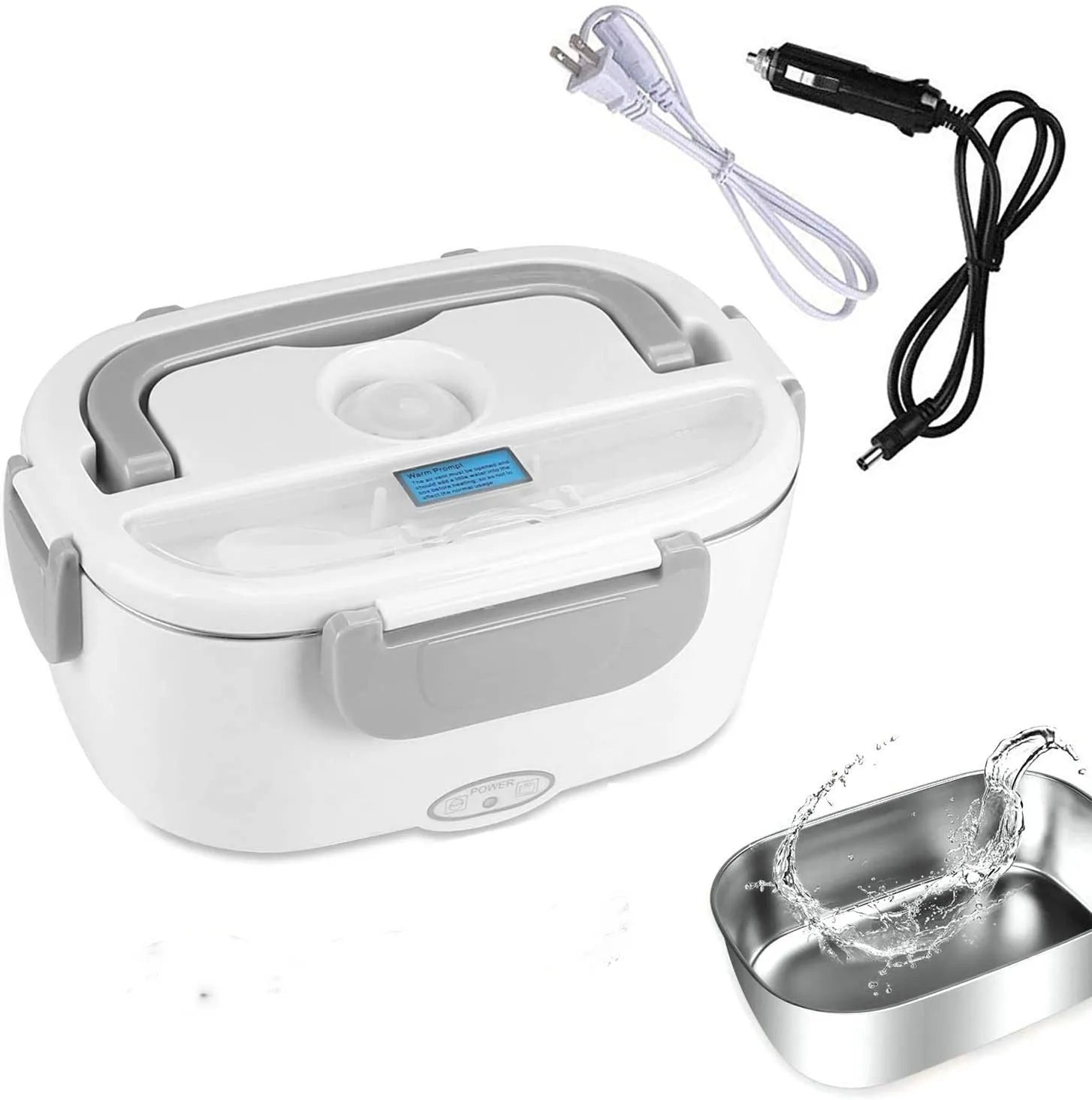 Grey electric lunch box showing dual car and home power cords with stainless steel inner tank