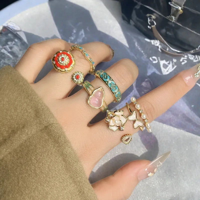 Copper adjustable gourd ring with vintage oil dripping finish and inlaid zircon stones
