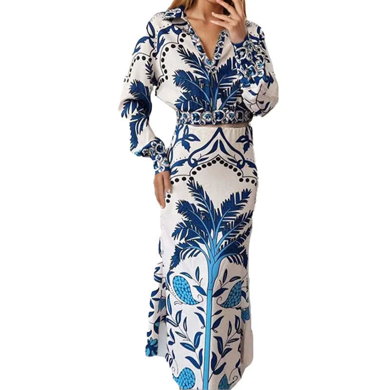 Women's floral print polyester co-ord set with long sleeve top and matching long skirt