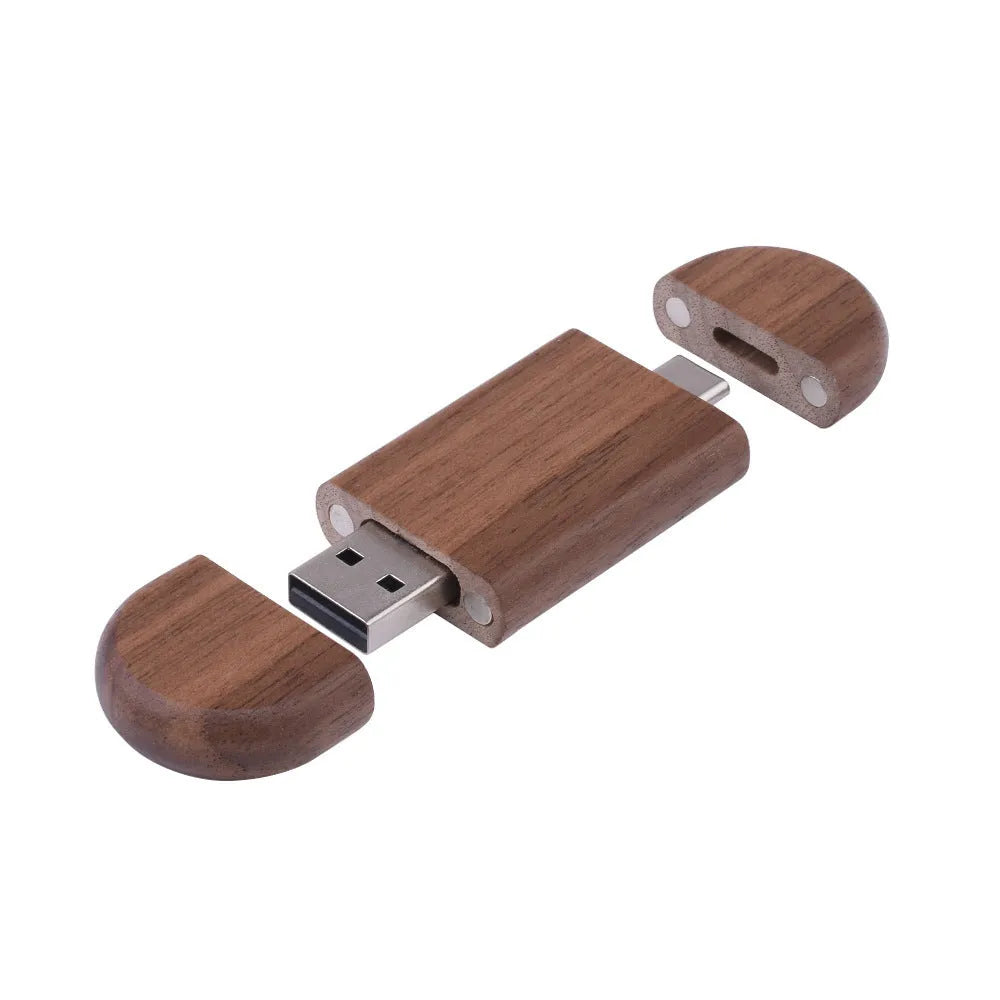Maple wooden USB flash drive with Type-C connector on a wooden surface.