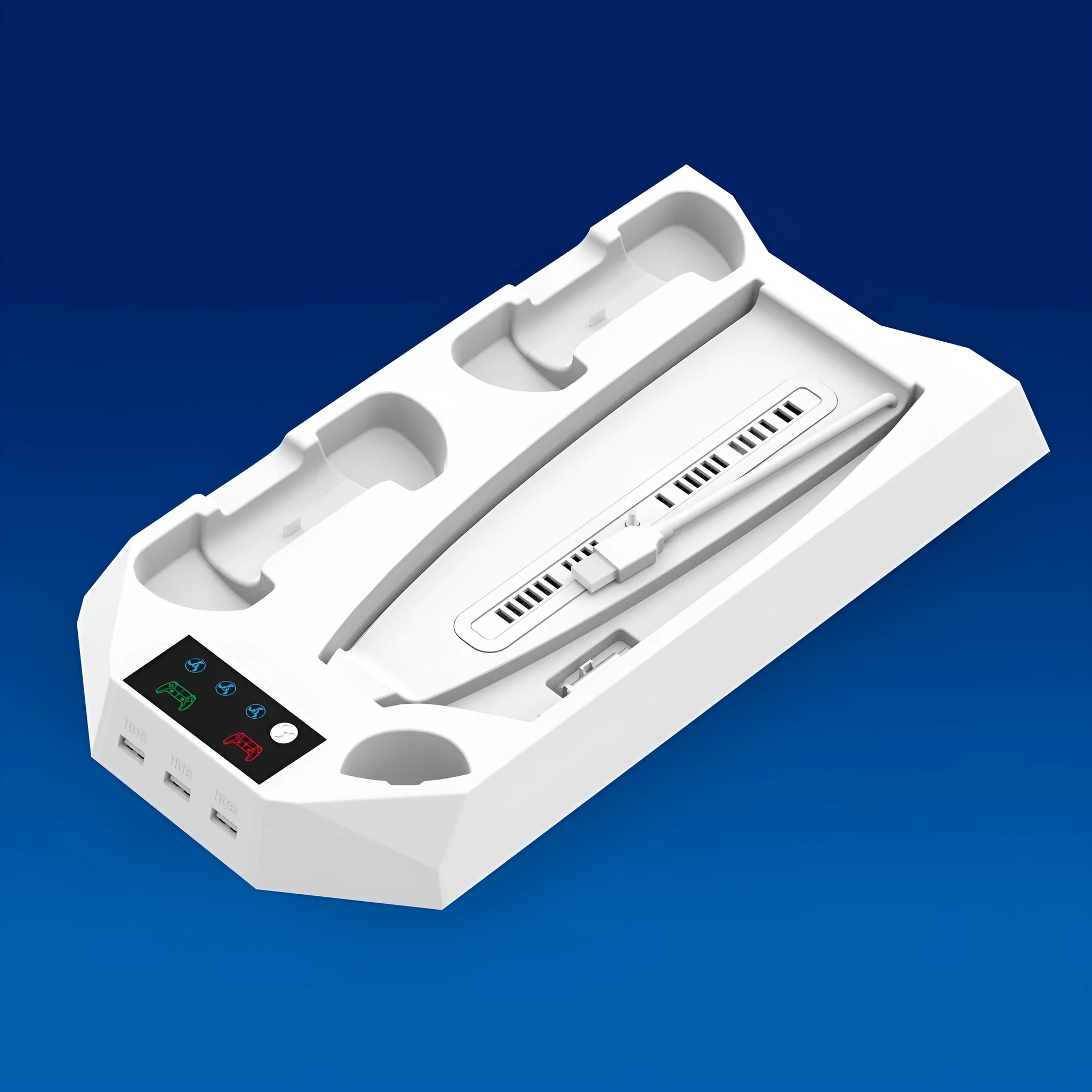 White PS5 charging dock radiator base holding console and charging controllers