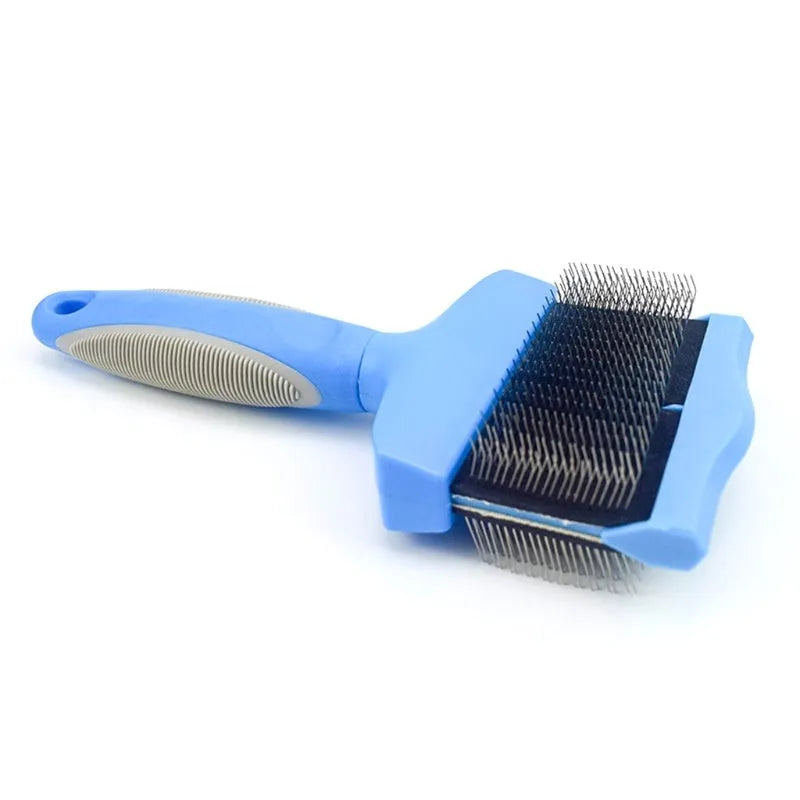 Blue double-sided pet brush with stainless steel pins on one side and a mix of soft and firm pins on the other.