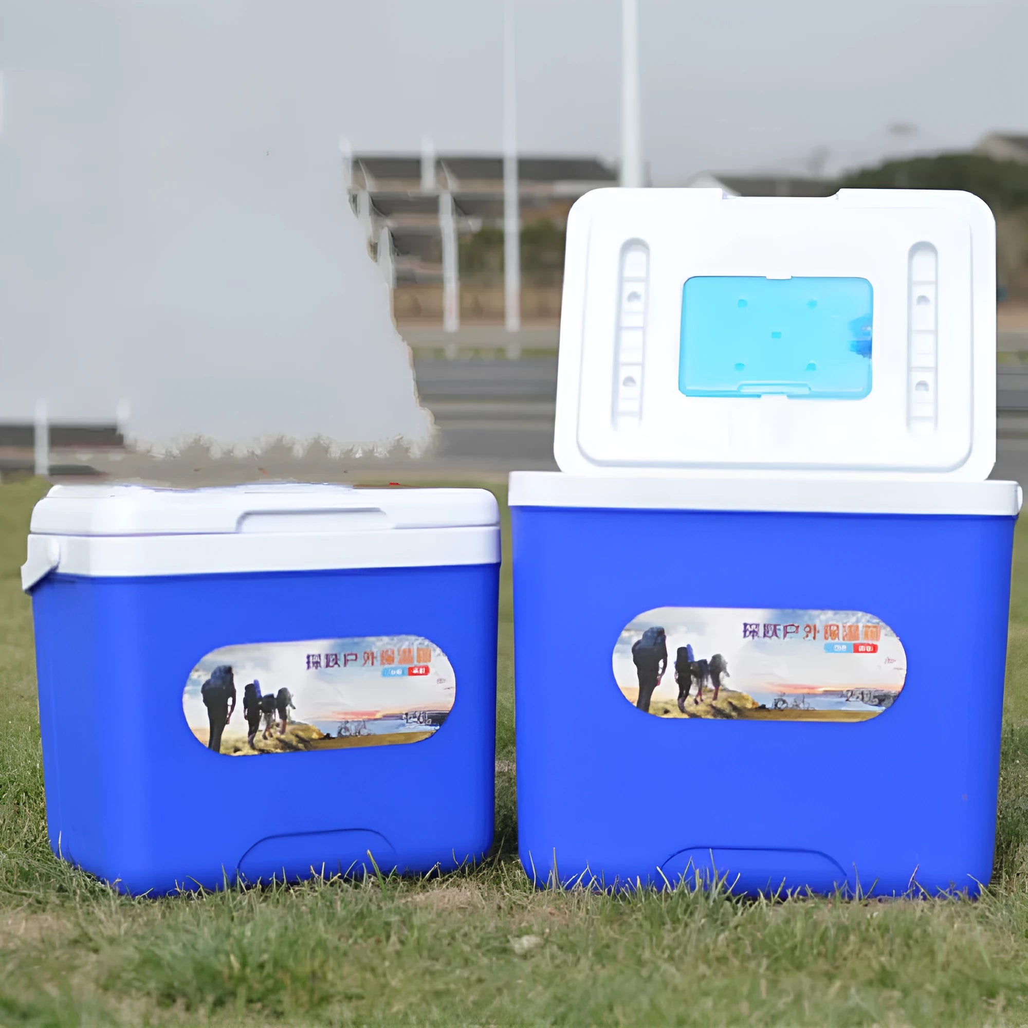 Blue aluminium foil portable cooler box with EPS insulation in multiple capacity sizes