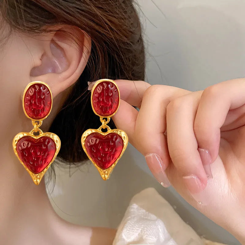 Silver needle pleated oval love heart stud earrings in purple, red, green, and yellow/white alloy colours.