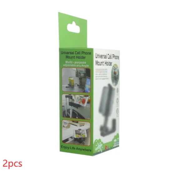 360 rotary collapsible mobile phone holder in black on a desk, with a phone propped up in landscape mode