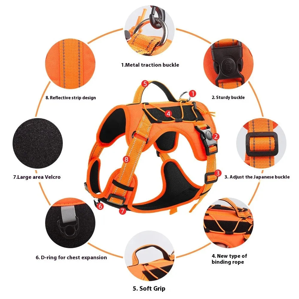 Reflective orange dog harness with a black hand-holding rope lead laid out flat.