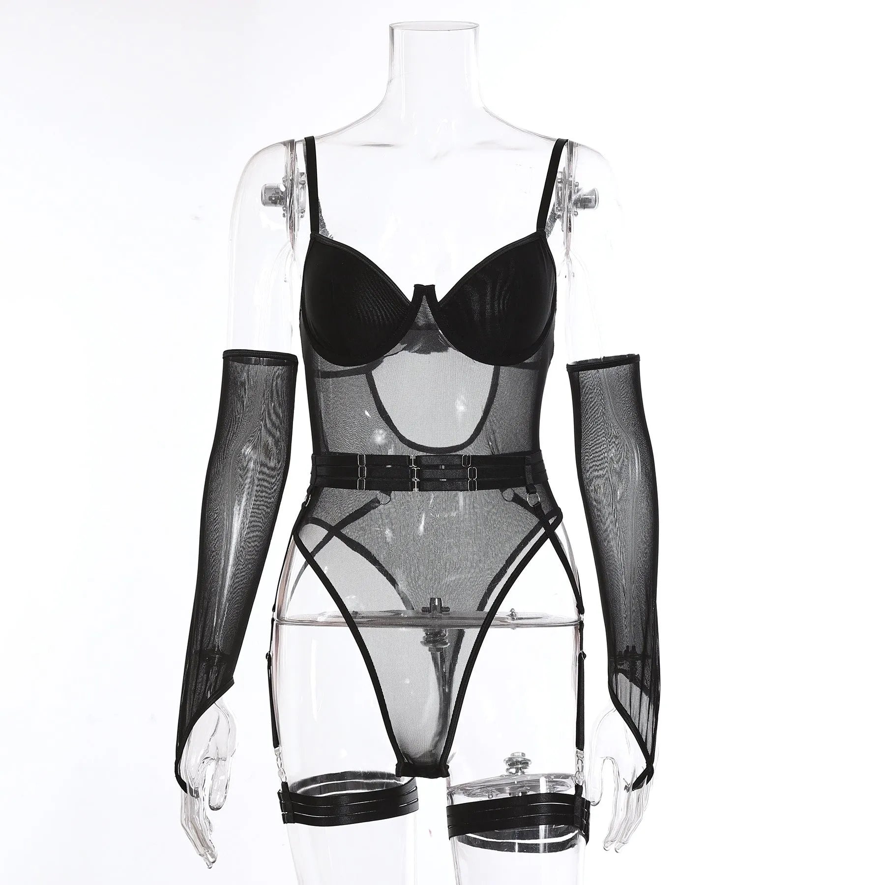 A woman wearing a black see-through mesh jumpsuit, showing the clingy fit and transparent fabric.