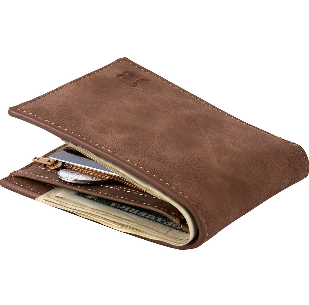 Baborry slim PU wallet with zippered coin bag and money clip in coffee colour