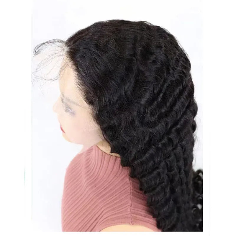 Simple solid colour hand-woven human hair half lace wig for ladies, available in lengths from 18 to 34 inches