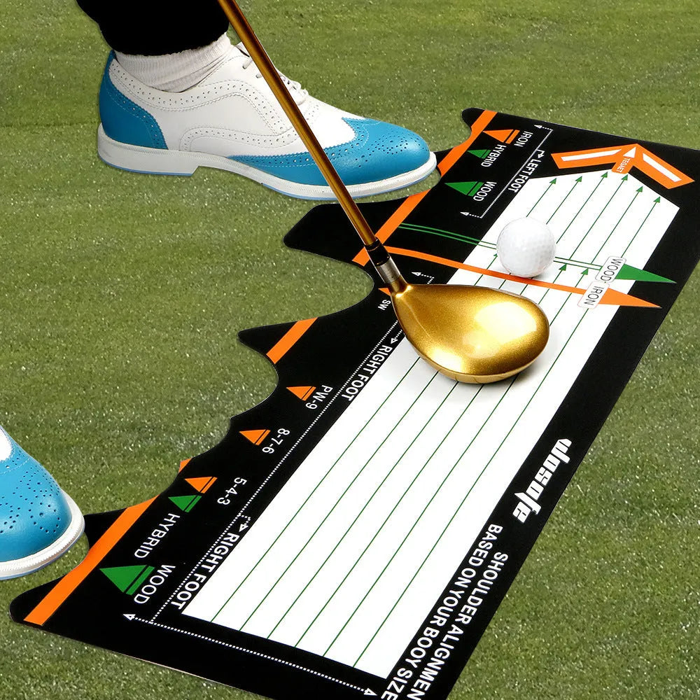 Black neoprene golf swing stance training pad on green grass