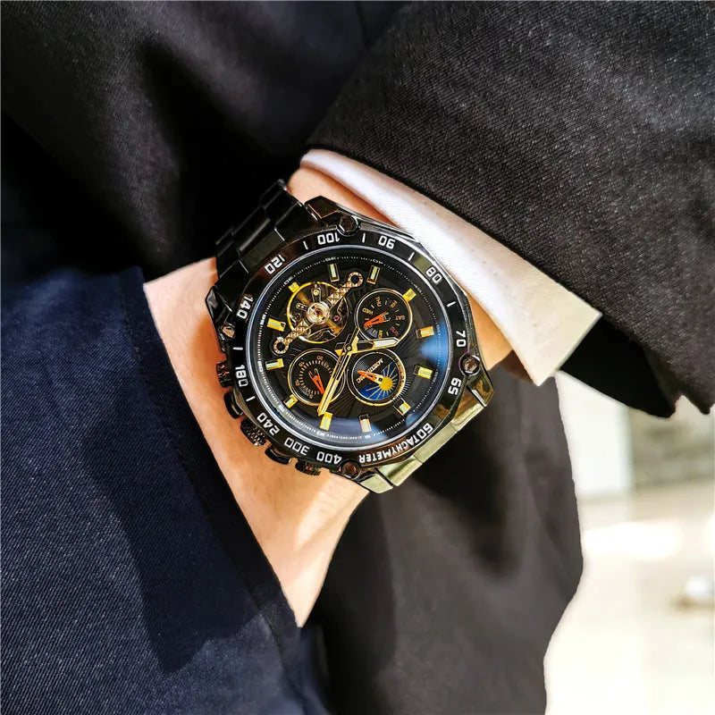 Men's automatic mechanical watch in silver case with white dial, black case with black dial, or gold steel options