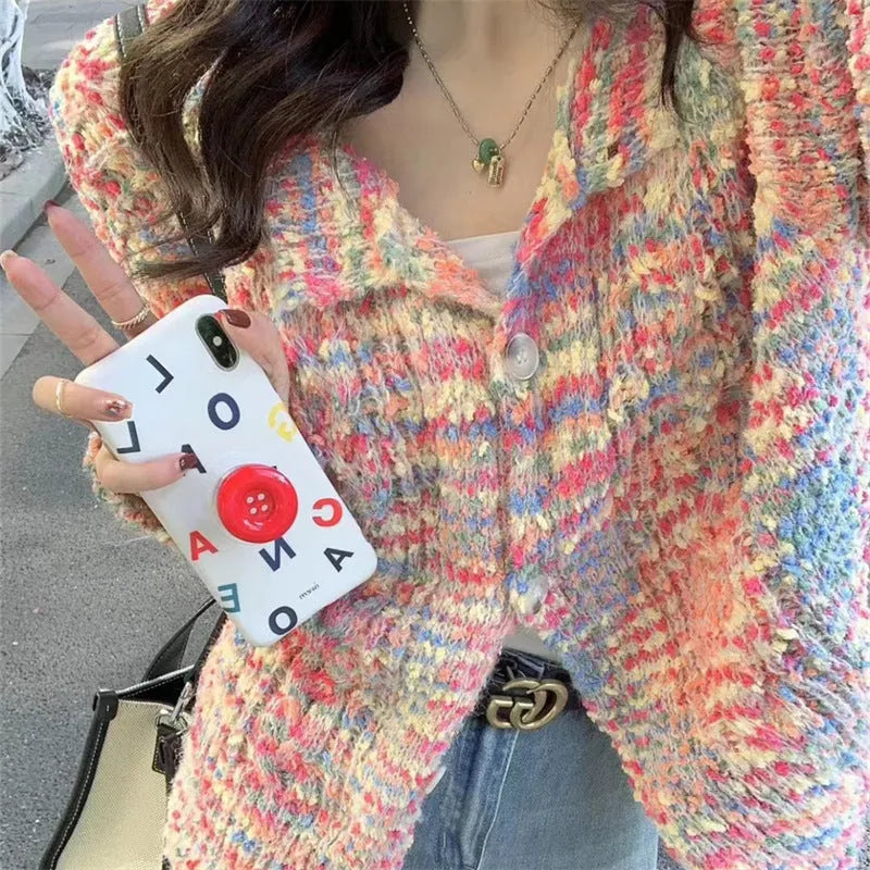 Retro rainbow knitted cardigan sweater in pink and green colours with slim fit free size