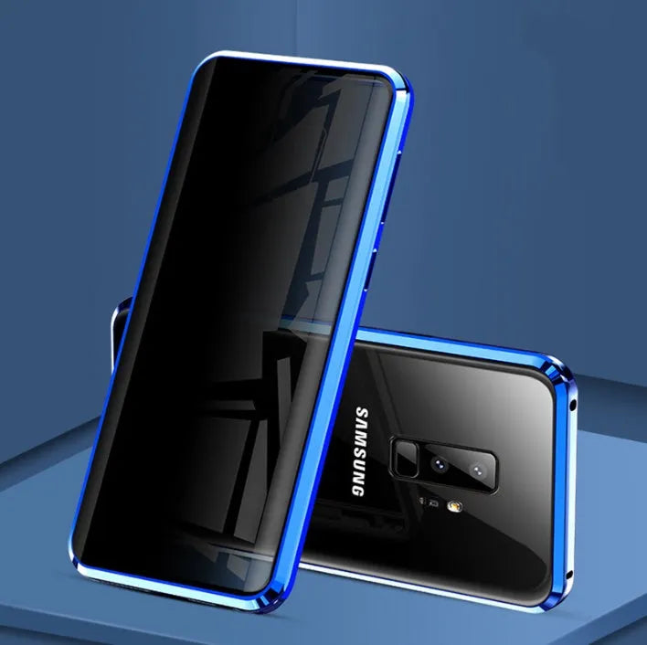 Black anti-peeping magnetic clamshell phone case for Samsung Galaxy smartphones shown closed.