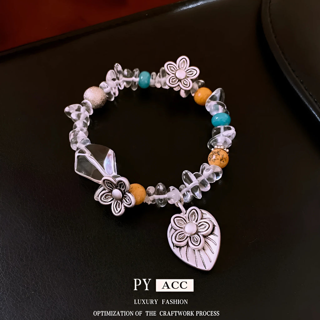 Retro ethnic style gravel flower bracelet for women, alloy electroplated, blue colour variant