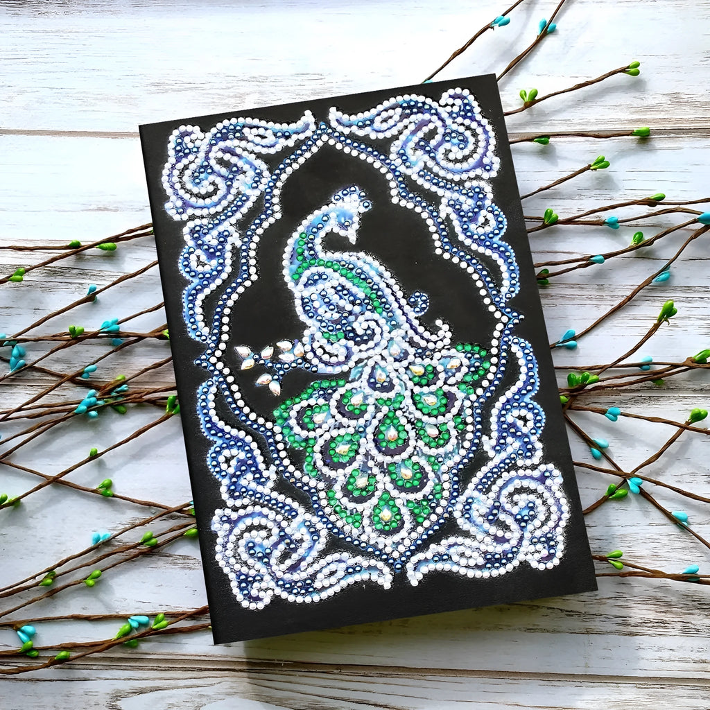 Black A5 peacock diamond painting notebook kit with shaped and bright drill crystals