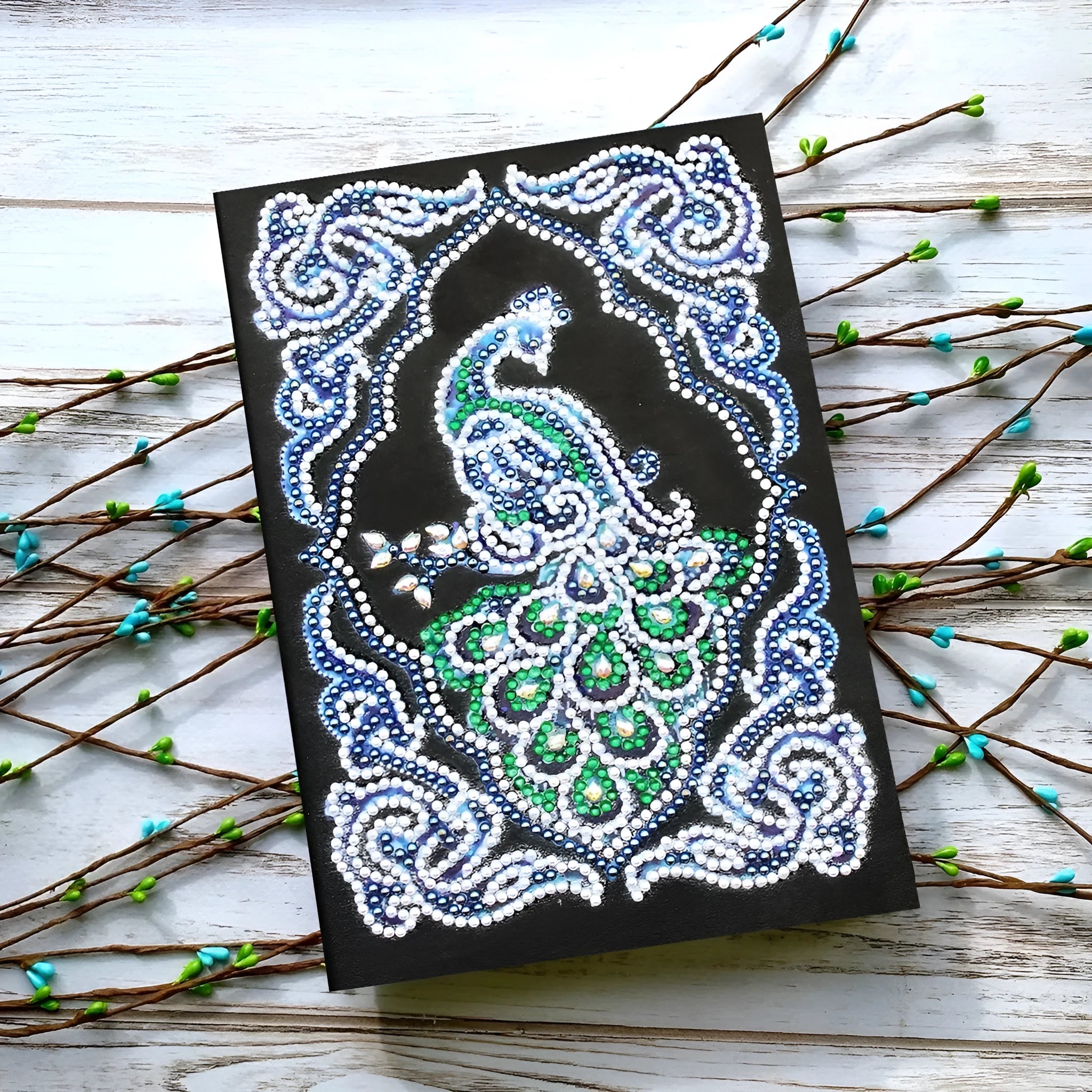 Black A5 peacock diamond painting notebook kit with shaped and bright drill crystals