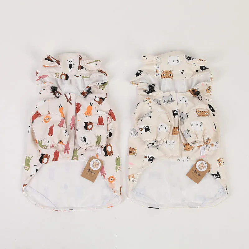 Beige cartoon dog raincoat with cat head design, made from waterproof PU material.