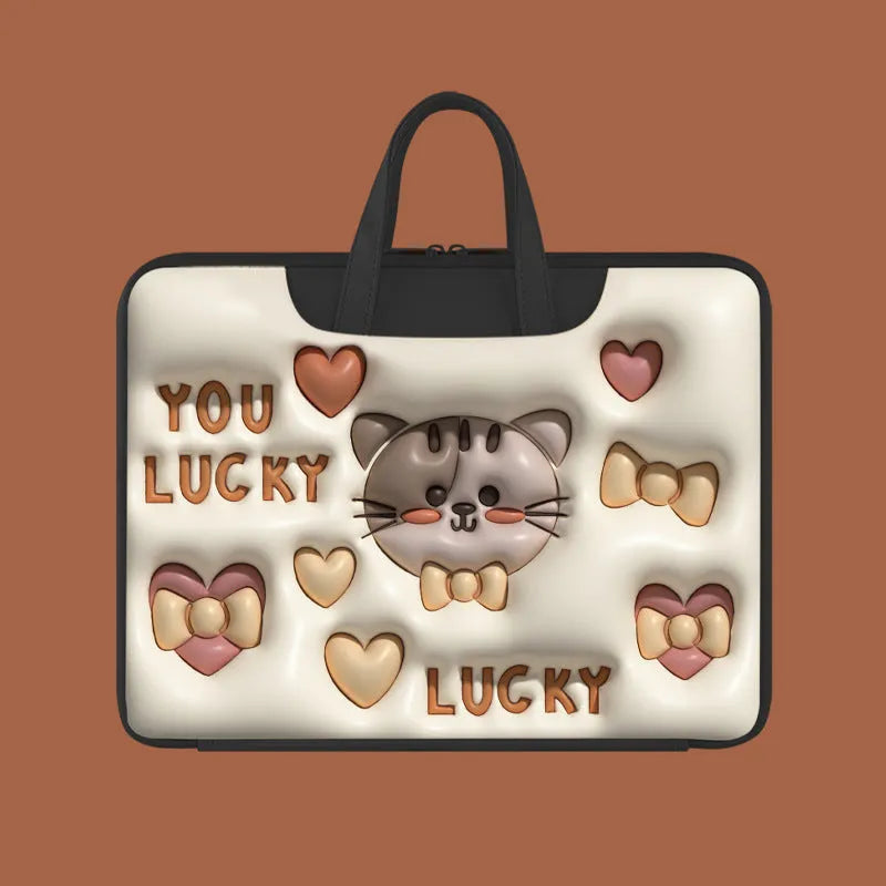 Inflatable laptop bag with PU leather in Cat Beige colour, hanging on a suitcase, showing 13.3 inch size option.