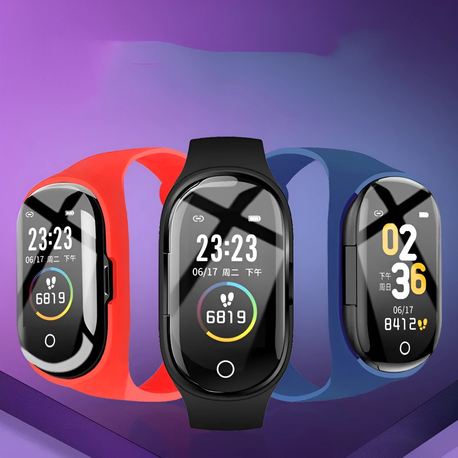 Blue silicone smart bracelet with 1-inch touch screen display and integrated earphones