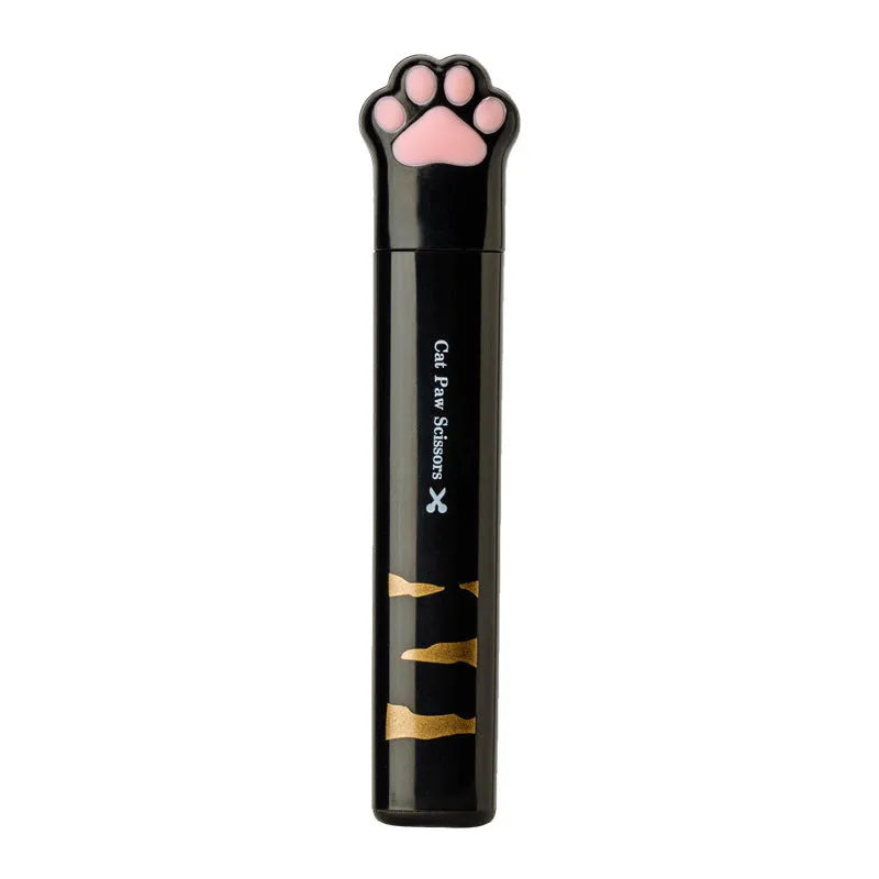 Small folding scissors with cat paw design on handles in choice of four colours, shown with blades safely closed.