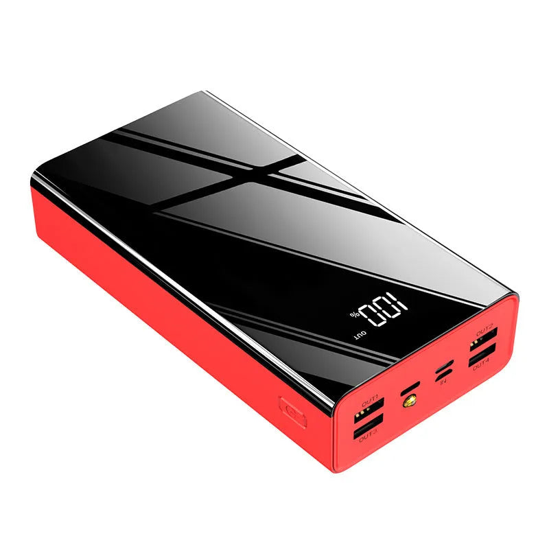 Large 40000mAh power bank with LCD display in red or black colour options.