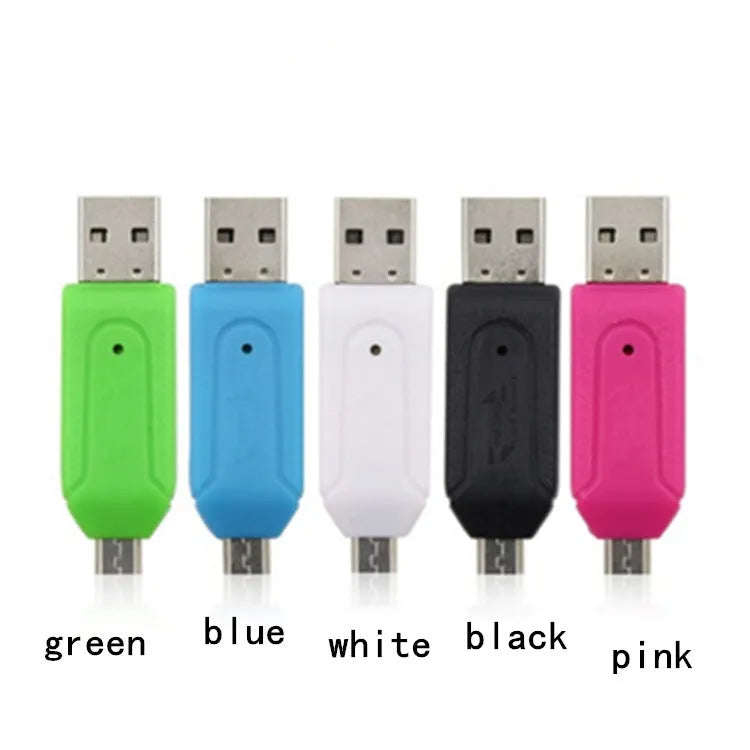 White OTG card reader with micro USB connector for Android phones showing SD and TF card slots
