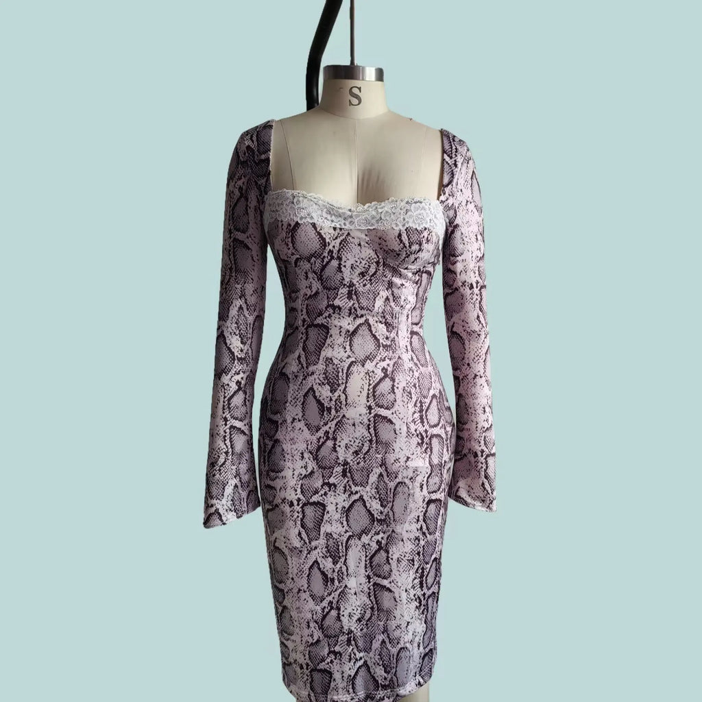 Grey slim fit lace dress with digital 3D printed pattern and A-line skirt silhouette