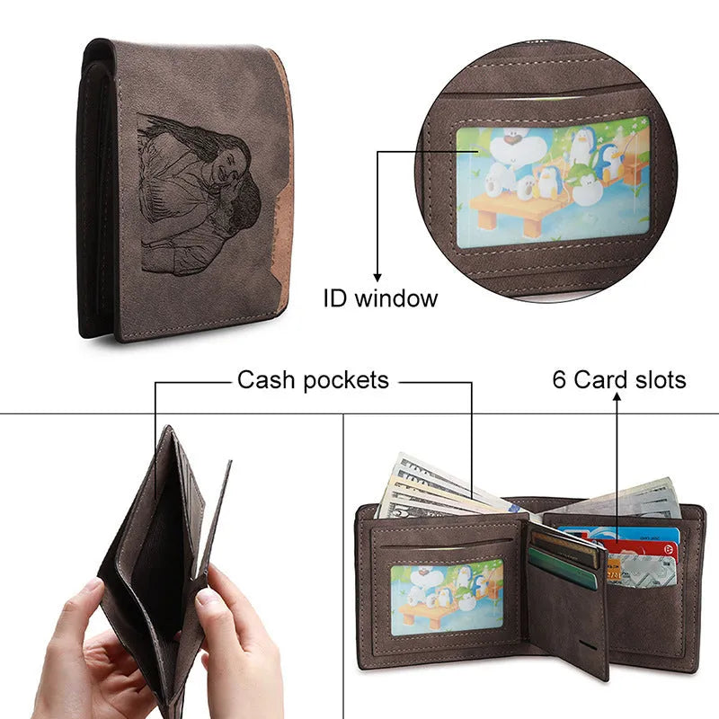 Coffee brown engraved horizontal short wallet with photo engraving showing dimensions of 120mm width