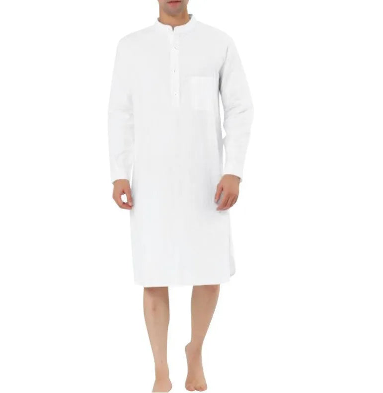 Men's simple cotton shirt robe with pockets shown in one of nine available colours.