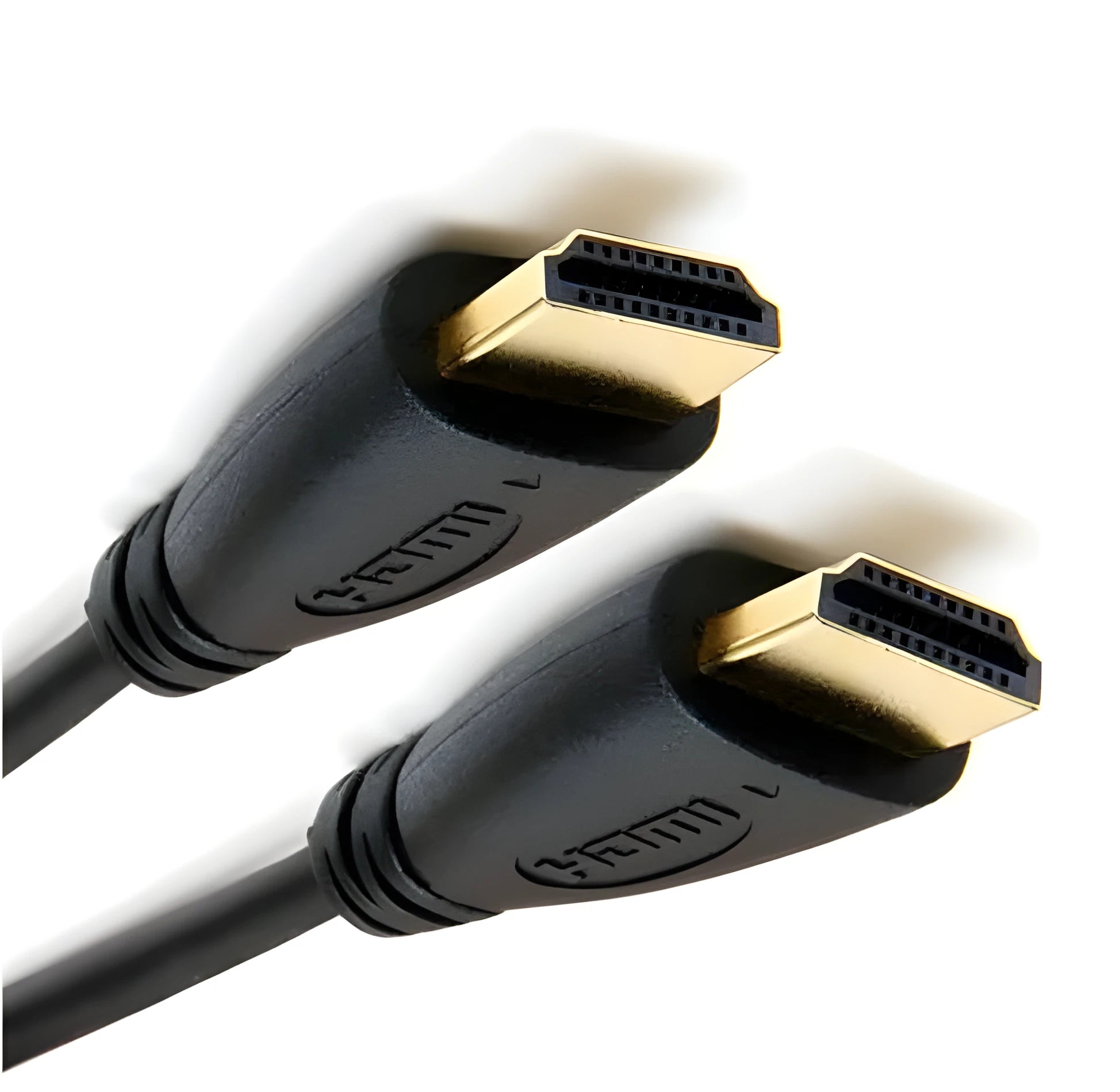 Gold-plated male HDMI cable on a white background, showing connector detail.