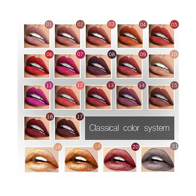 Matte lip gloss lipstick in 8ml tube with 21 colour options, long-lasting waterproof finish