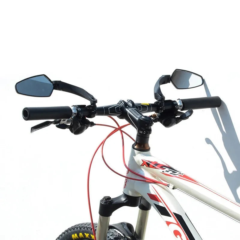Black PMMA acrylic rotatable rearview mirror for mountain bike handlebars.