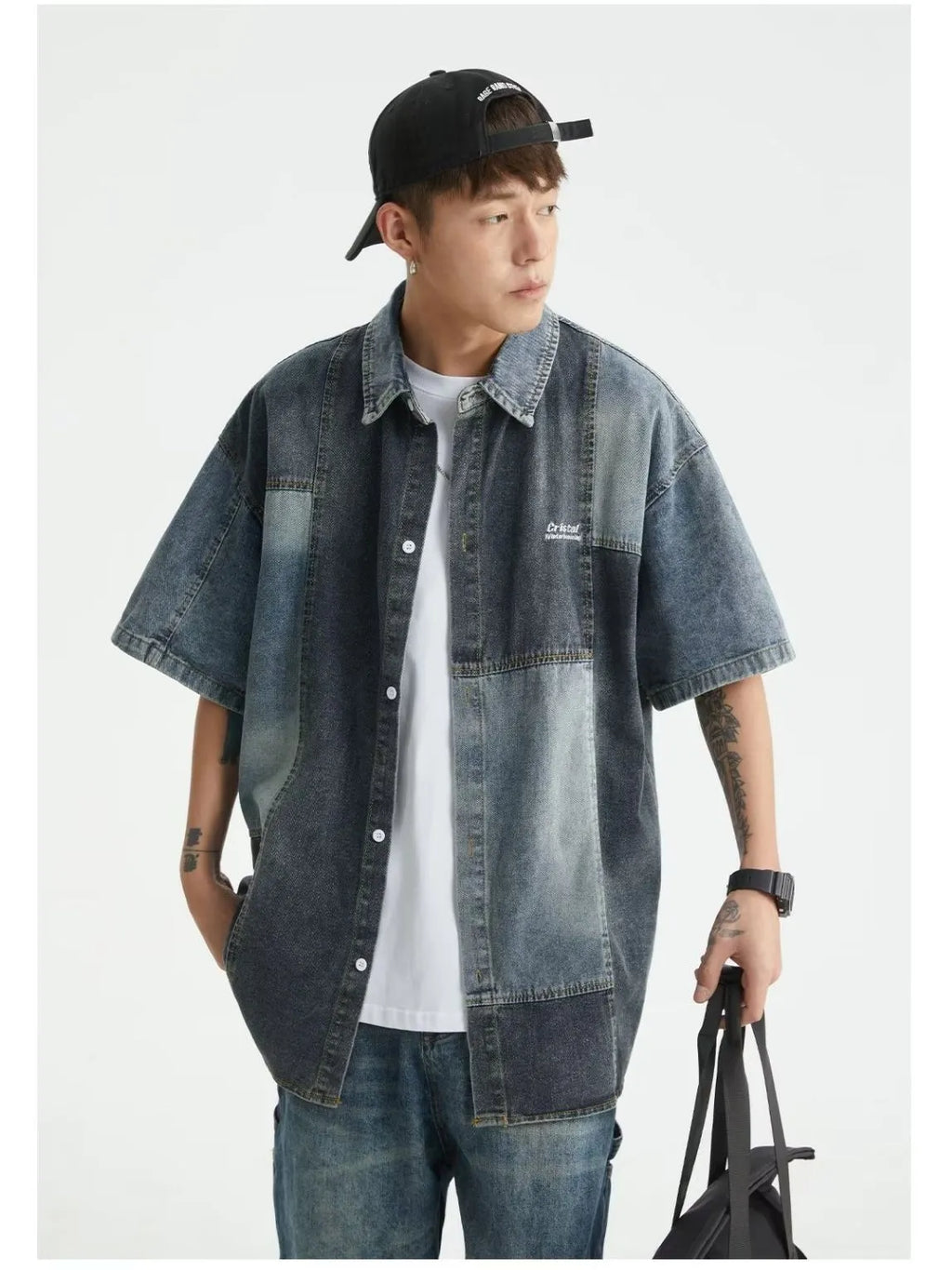 Blue Japanese-style loose fit denim shirt for men with washed stitching details.