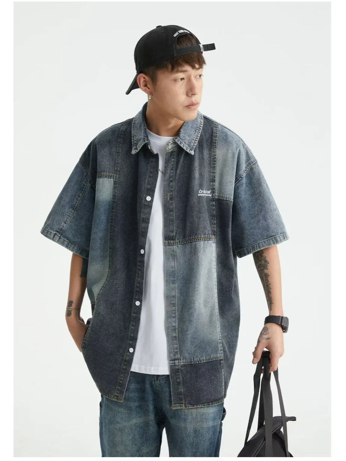 Blue Japanese-style loose fit denim shirt for men with washed stitching details.