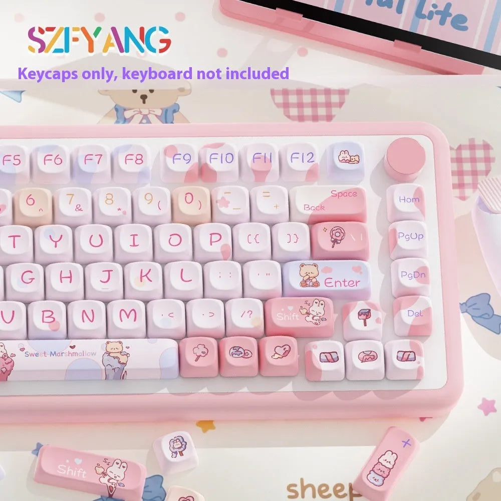 Sweet Cotton Candy coloured PBT keycap set for mechanical keyboards laid out in pink and blue pastel tones.