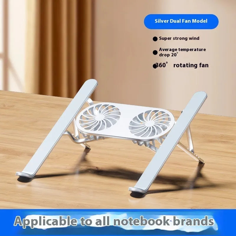 Aluminium alloy notebook stand with twin fans, silver finish, on a desk with a laptop placed on top