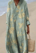 Floral 3D printed sleeve shirt dress with wide waist and long skirt in Japanese Korean casual style