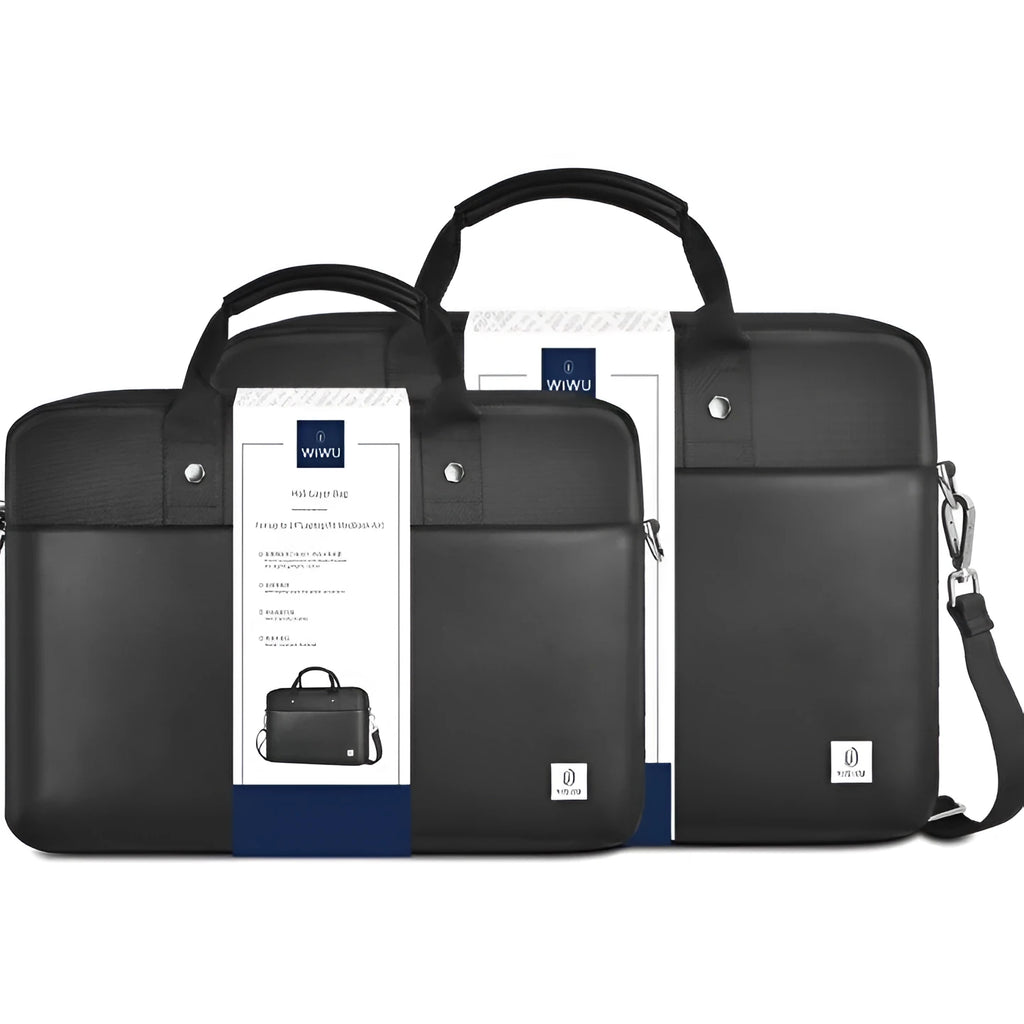 Black Oxford cloth computer handbag showing multi-pocket design and laptop compartment