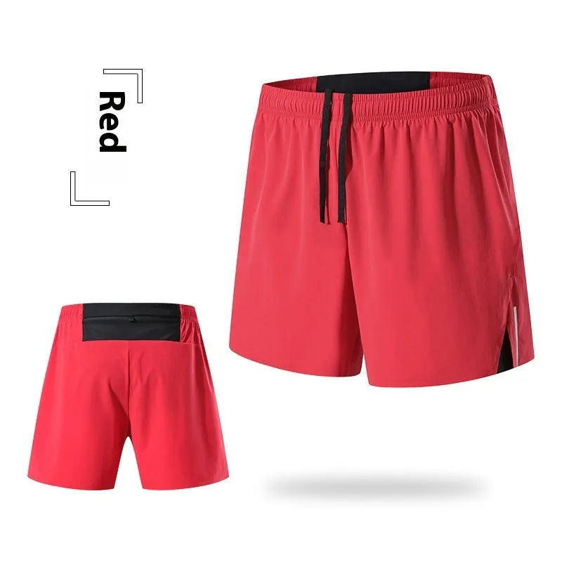 Men's loose fit off-road running shorts in black, shown from front and side.