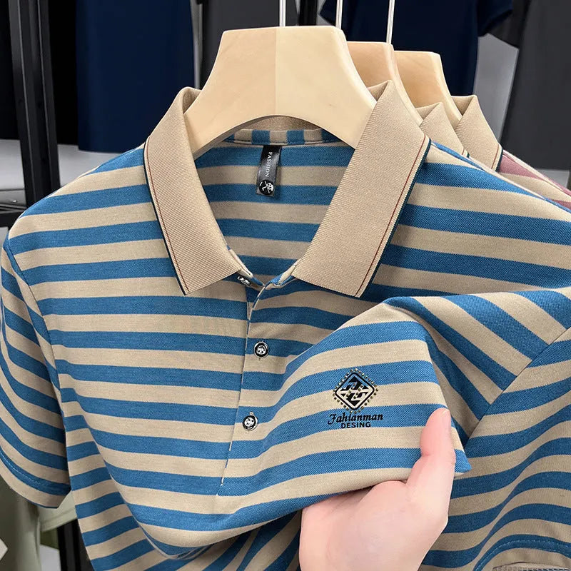 Men's striped casual short sleeve shirt with mosaic detailing in blue, shown on a model