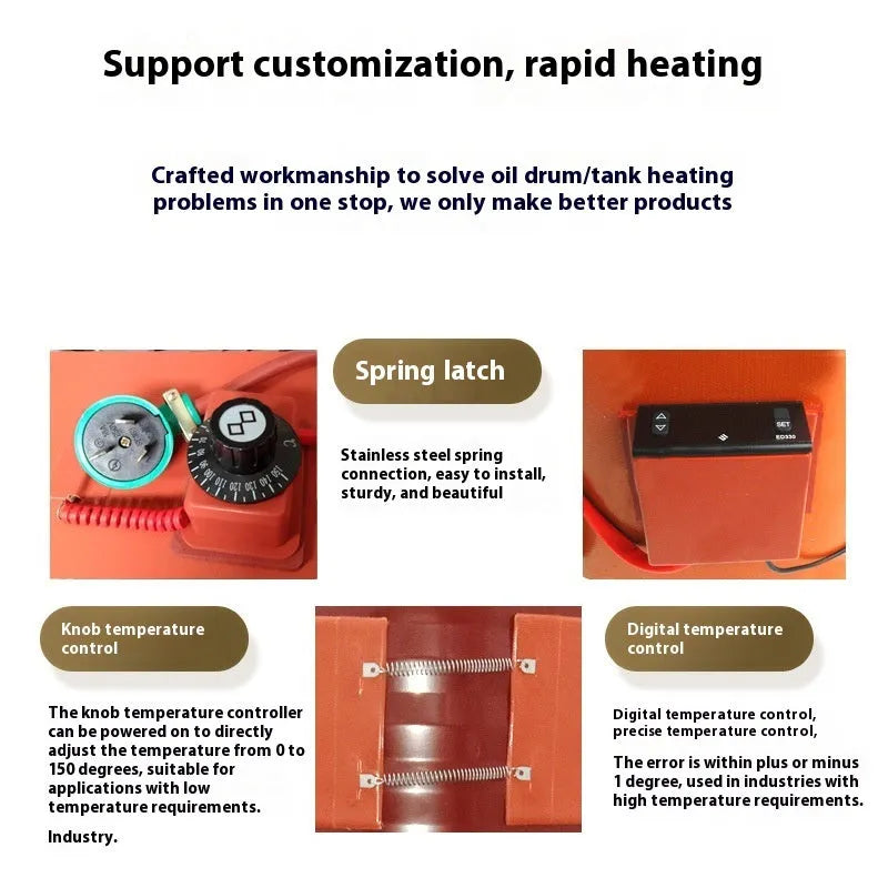 Flexible silicone rubber heating belt wrapped around a 200-litre oil drum with a control unit.