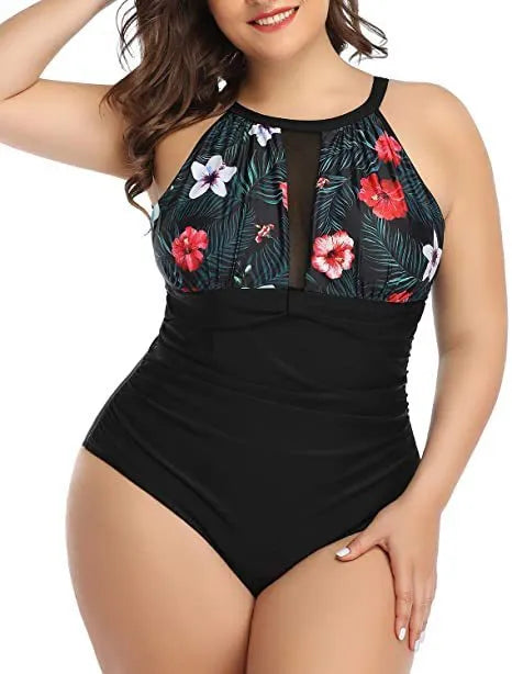 Women's black polyester lace one-piece swimsuit on a hanger, with stripes and red flower pattern options shown.