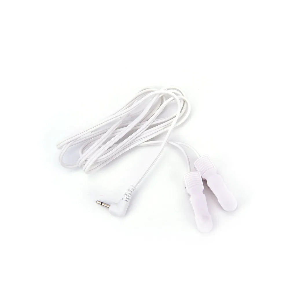 White massage ear clip with 3.5mm electrode wire for TENS machine, two clips included, handheld control