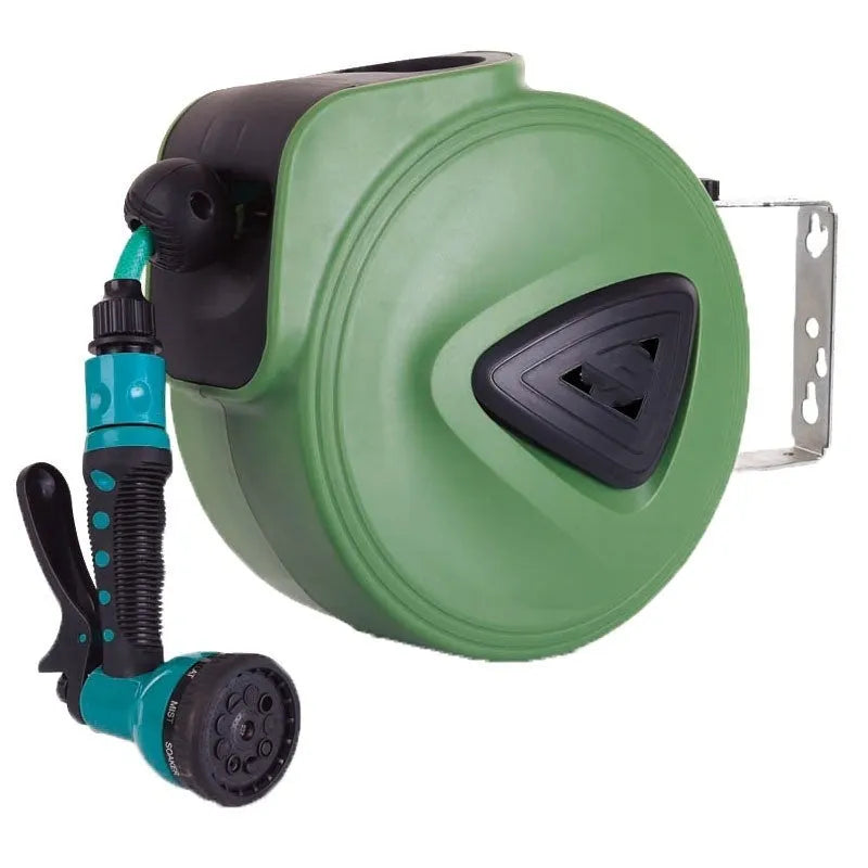 Automatic retractable hose reel unit with 10-metre PVC water pipe for car washing and garden use.