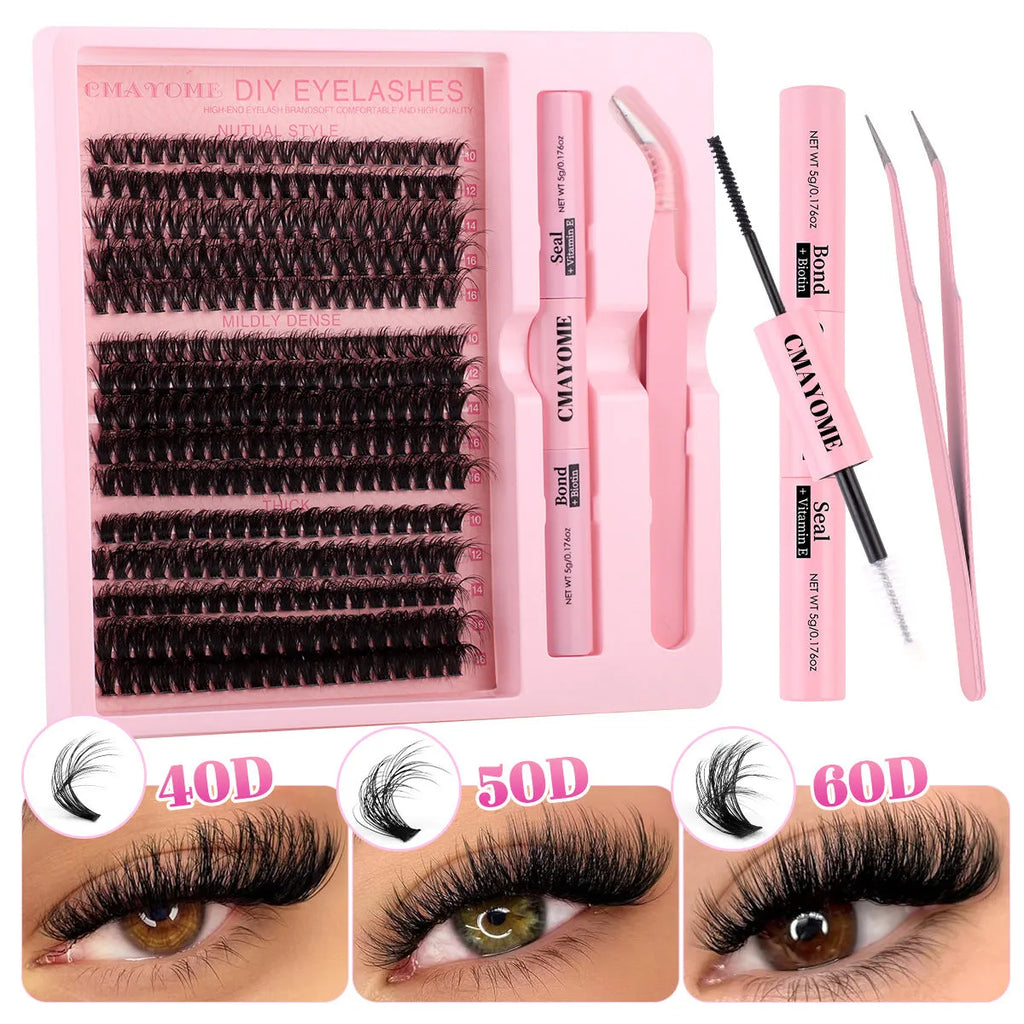 DIY false eyelash extension set showing individual clusters and application tweezers for custom lash looks