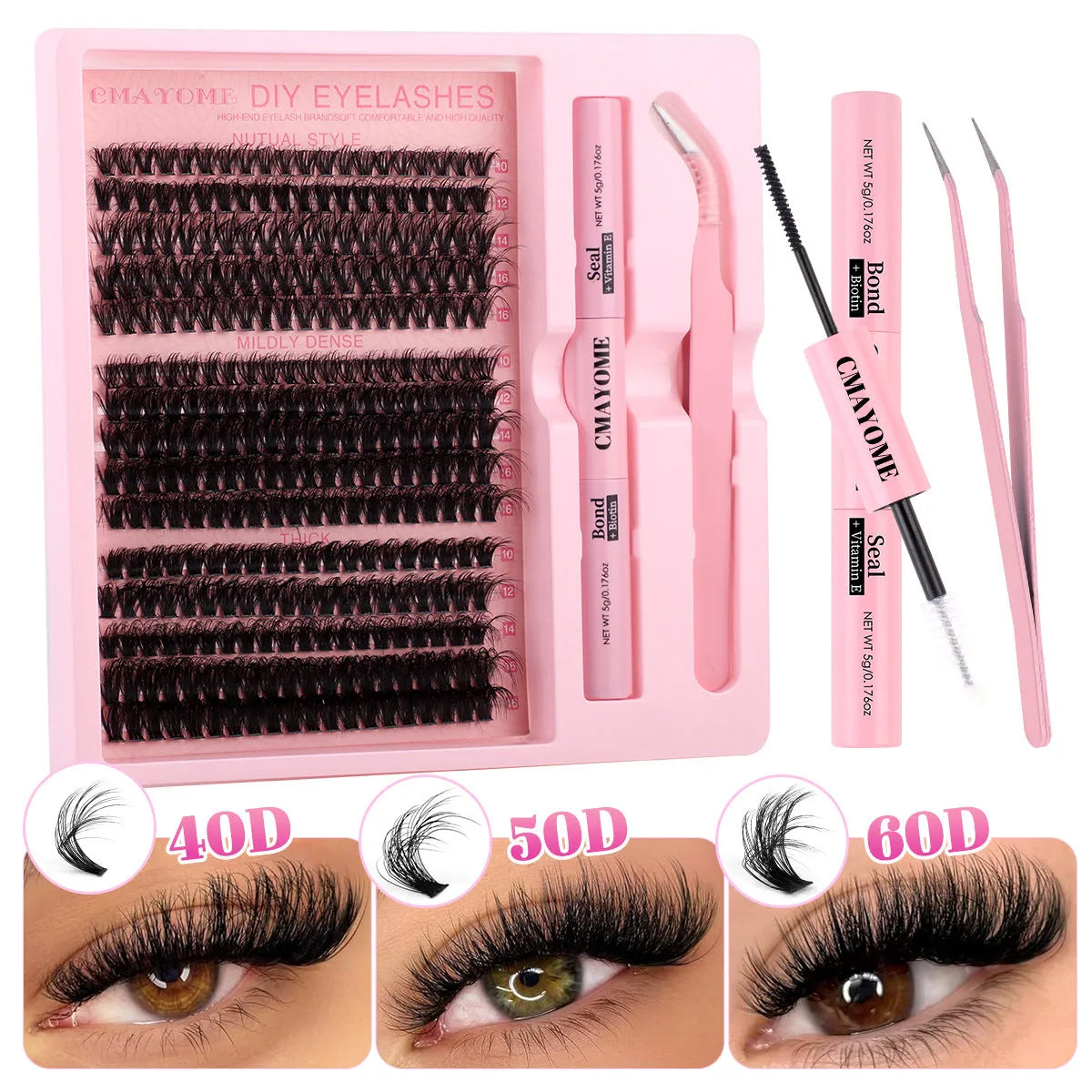 DIY false eyelash extension set showing individual clusters and application tweezers for custom lash looks