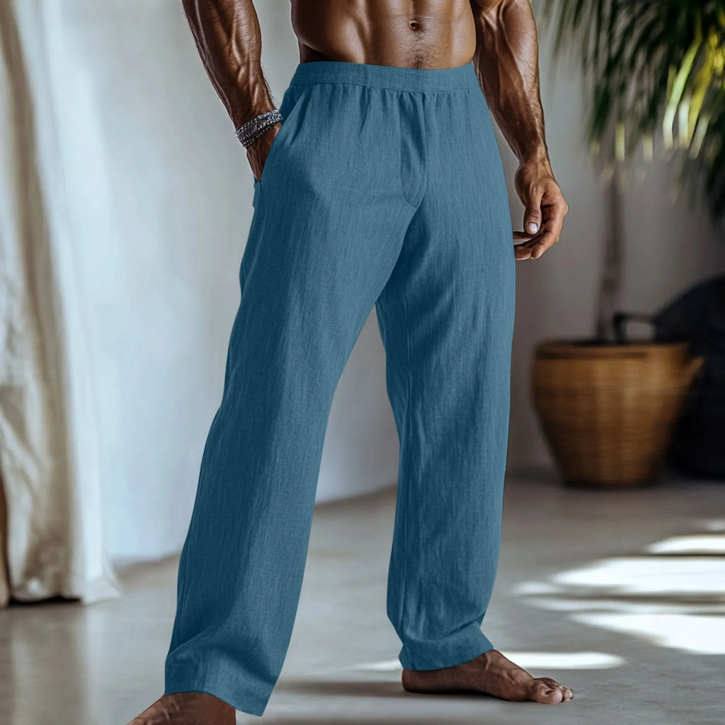 Cotton and linen straight leg casual trousers with pockets in various colour options