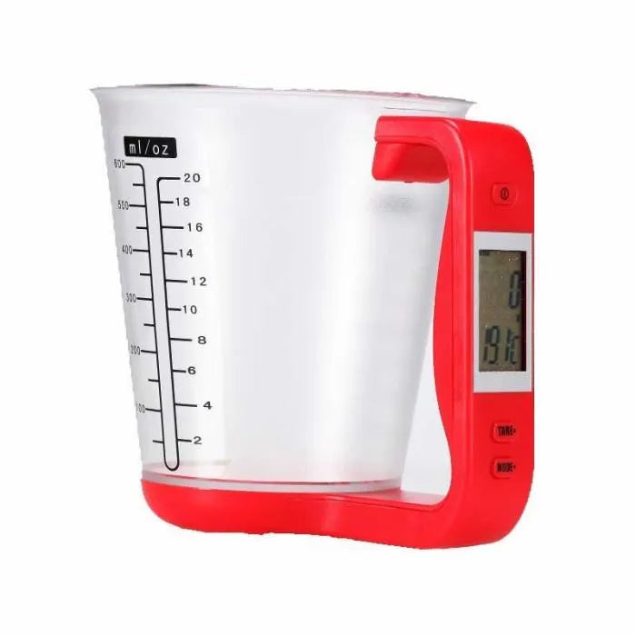 Digital kitchen scale measuring cup in green with LCD display on handle showing weight