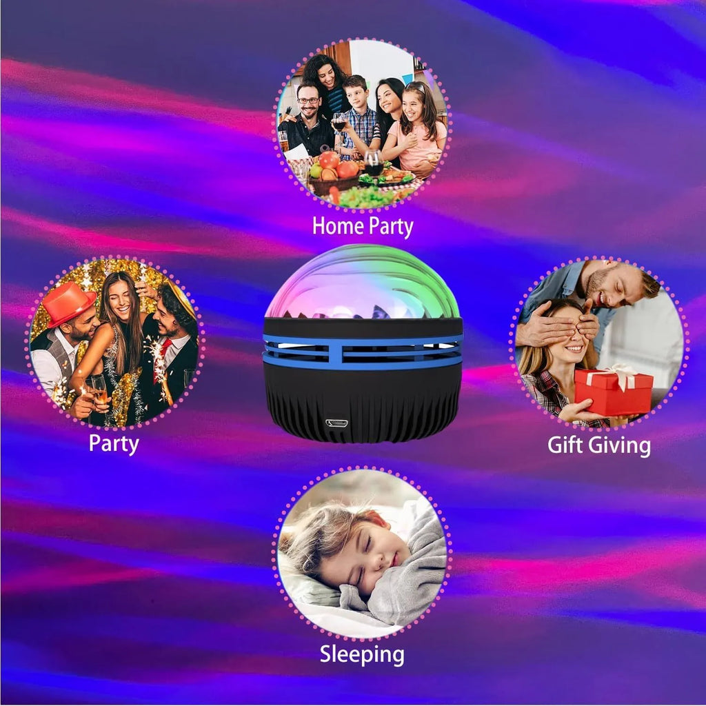 LED rotating magic ball galaxy projector lamp with remote control on a bedside table.